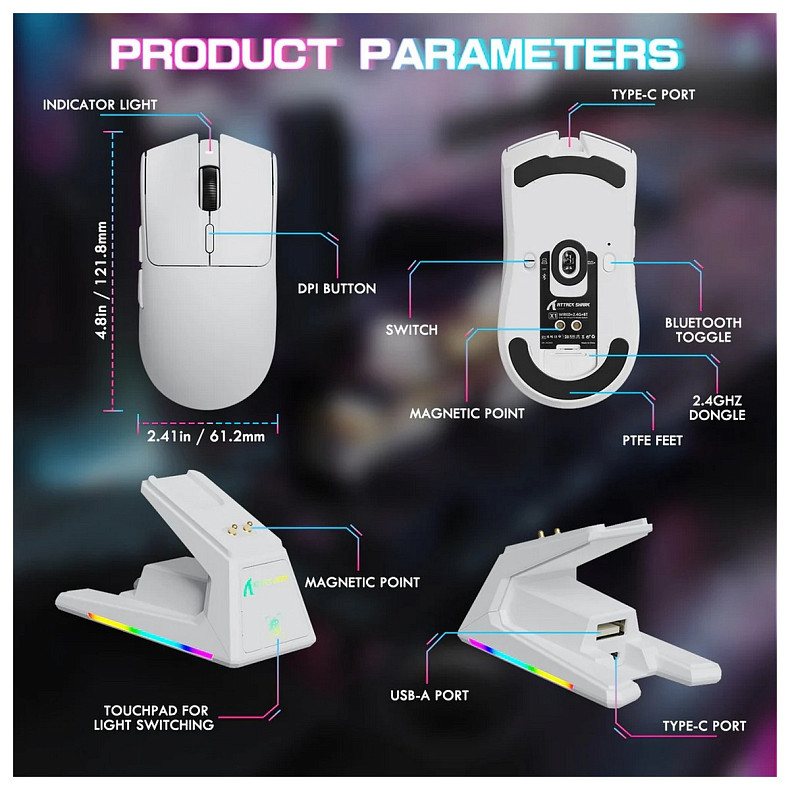 Мишка Attack Shark X1, Wireless/Bluetooth, 40000dpi. (PAW3395PRO), 6кн., White