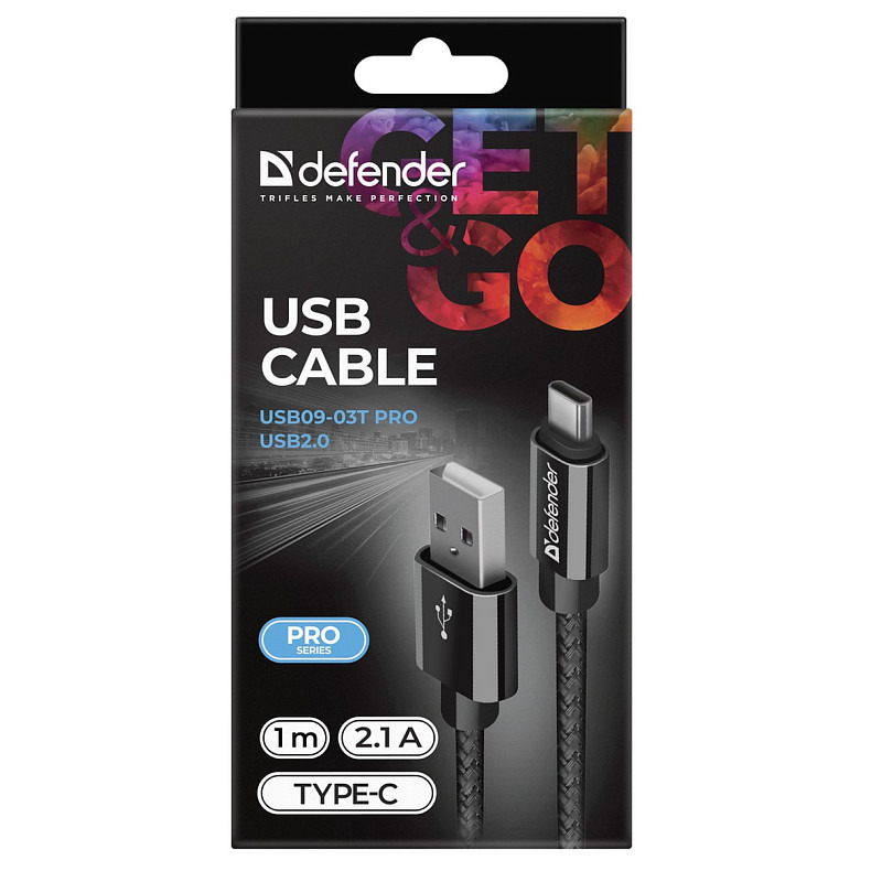 Кабель USB AM-Type-C M, 1.0 м, чорний, 09-03T PRO Defender