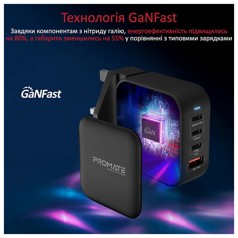Зарядное устройство Promate GaNPort4-100PD 100W Black (ganport4-100pd.black)