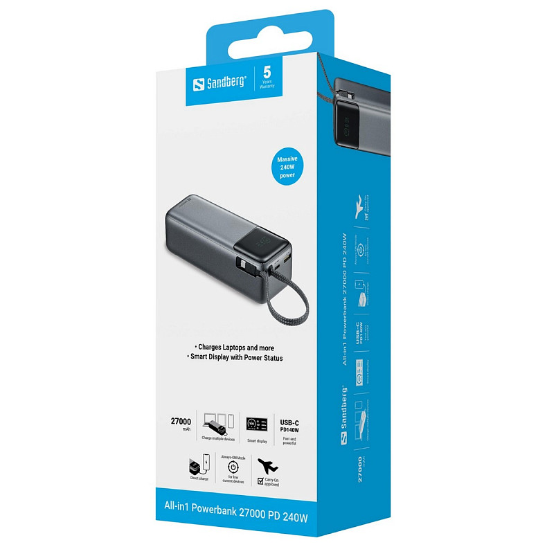 УМБ Sandberg 27000mAh 240W PD, USB-A, USB-C In/Out, with built-in Type-C cable 140W