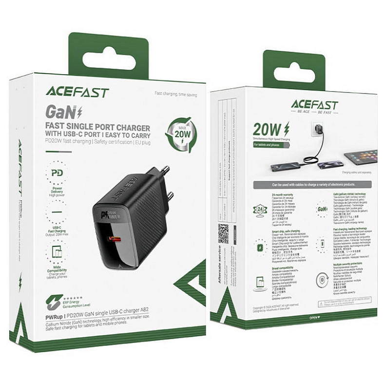 Зарядний пристрій USB-C 20W + Type-C cable A82 Fast Charger Black Acefast