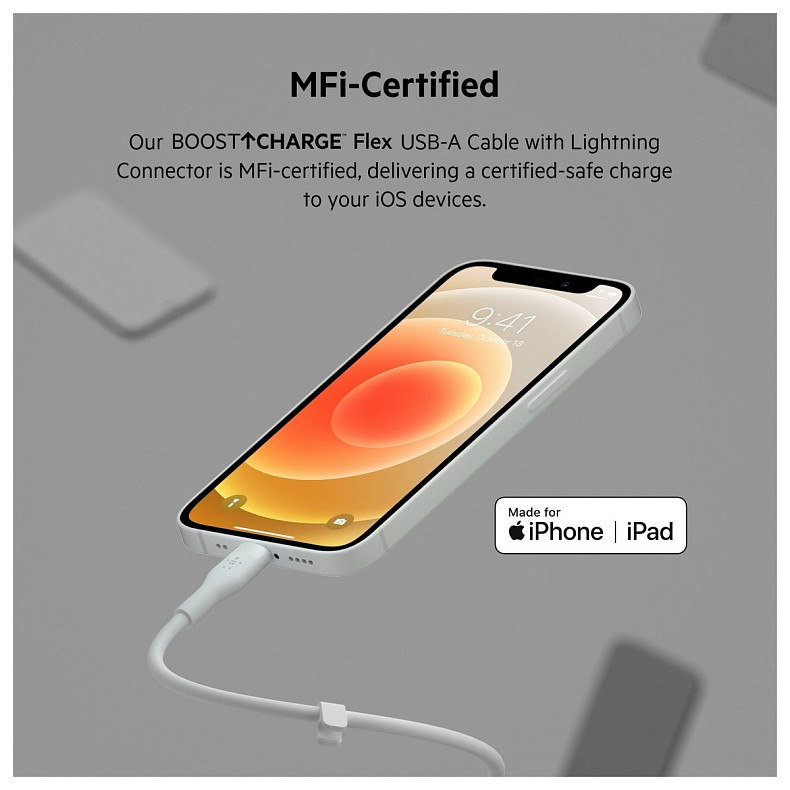 Кабель Belkin USB-A > Lightning, 1м, силиконовый, с клипсой, белый