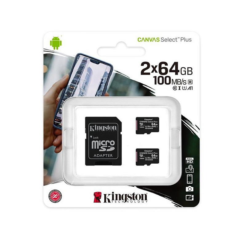 Карта памяти Kingston 2x64GB MicroSDXC UHS-I Class 10 Canvas Select Plus R100MB/s + SD-адаптер (SDCS2/64GB-2P1A)