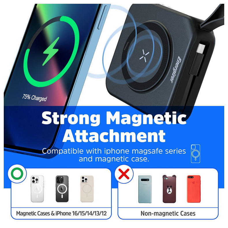 УМБ Energizer Magnetic Wireless 10000mAh 20W PD,AC зарядка,QI-15W, built-in USB-C,USB-А,USB-C In/Out