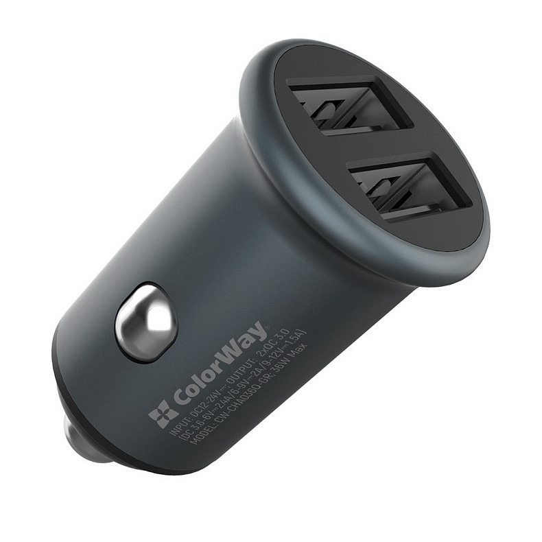 Автомобільний зарядний пристрій ColorWay (2USBx2.4A, 36W) Quick Charge 3.0 Gray (CW-CHA036Q-GR)