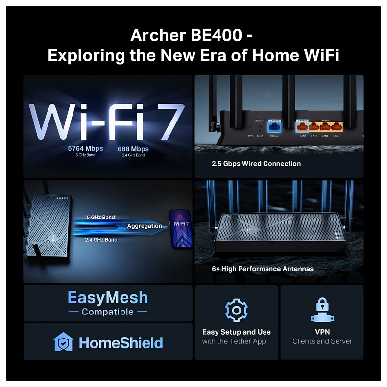 Маршрутизатор TP-LINK Archer BE400 BE6500, 3xGE LAN, 1x2.5GE LAN, 1x2.5GE WAN, 1xUSB3.0 MESH