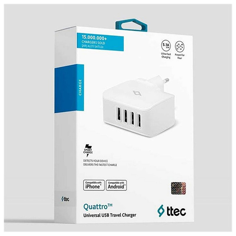 Мережевий зарядний пристрій Ttec Quattro 4хUSB 5.1A/25Вт White (2SC02B)