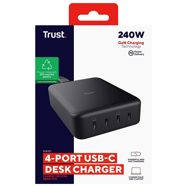 Зарядное устройство Trust Maxo 240Вт, GaN, 4xUSB-C,PD, черный