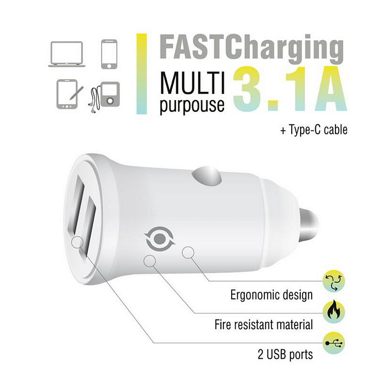 Автомобильное зарядное устройство Piko CC-312 (2USB, 3.1A) White + кабель Type-C (1283126538803)