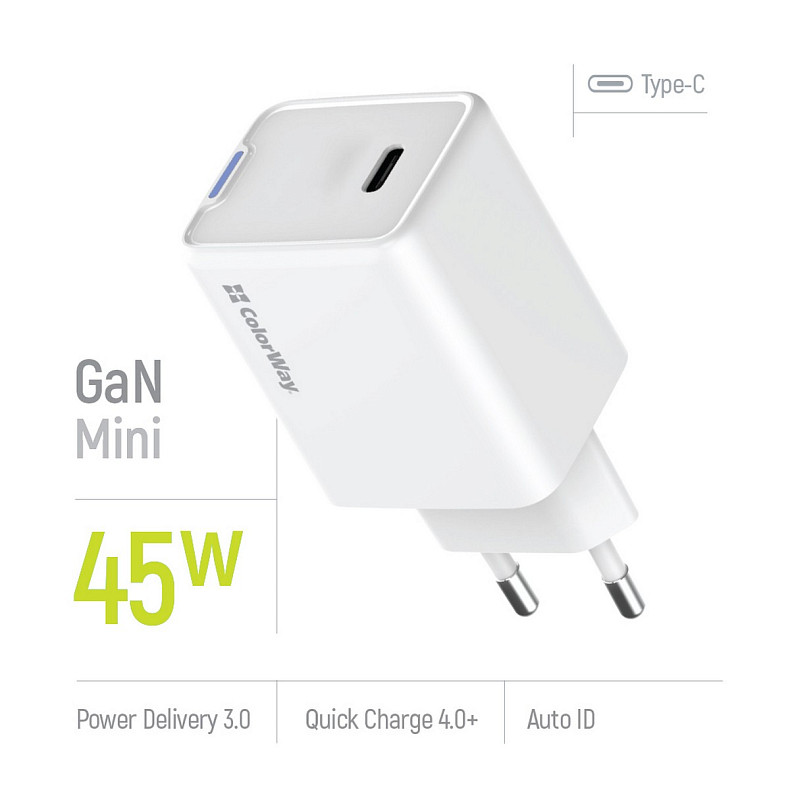Зарядний пристрій ColorWay GaN Mini 45W PD Port PPS USB-C White (CW-CHS057PD-WT)