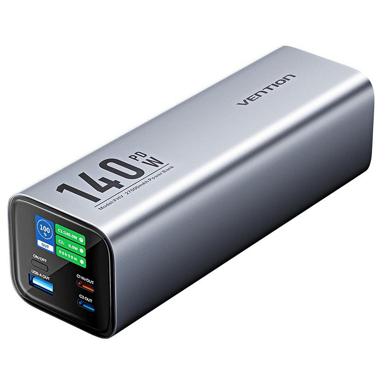 УМБ Vention 27000mAh 140W 5A PD, QC3.0, 2xUSB-C, USB-A, LED Display, Gray