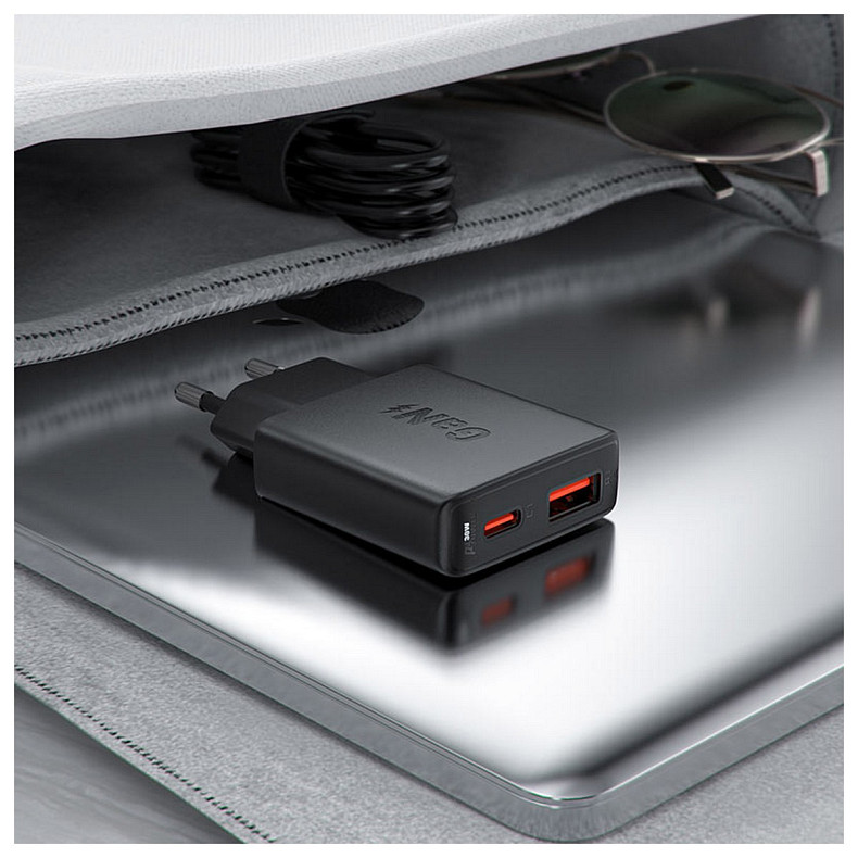 Зарядний пристрій 2xUSB 30W (USB-C+USB-A) Gan A69 ultra-thin Fast Charger Black Acefast