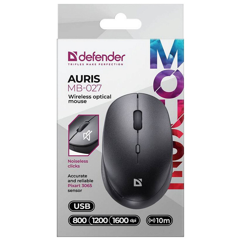 Мишка Defender Auris MB-027, бездротова, 3 кн. до 1600 dpi, безшумна, чорна