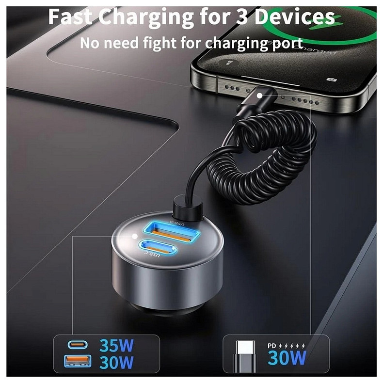 Автозарядка 2xUSB 65W (1xUSB-C+1USB-A) PD 30W with spring Type-C cable 1.2M черная Choetech