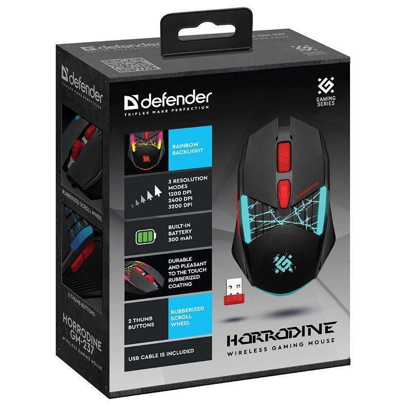 Мишка Defender Horrodine GM-237, бездротова, ігрова, 6кн., 3200 dpi., 320 mAh, чорна