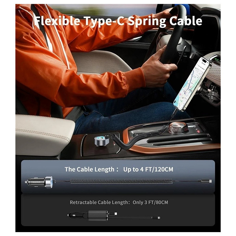 Автозарядка 2xUSB 65W (1xUSB-C+1USB-A) PD 30W with spring Type-C cable 1.2M черная Choetech