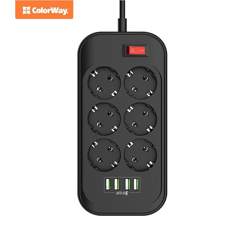 Фільтр живлення СolorWay 6 розеток, 4xUSB, 2м, Black (CW-CHE64B)