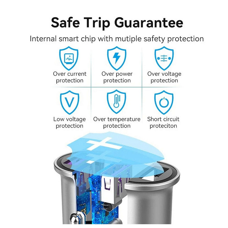 Автозарядка 2USB-A 30W QC3.0 Gray Mini Style Aluminium Alloy Type Vention