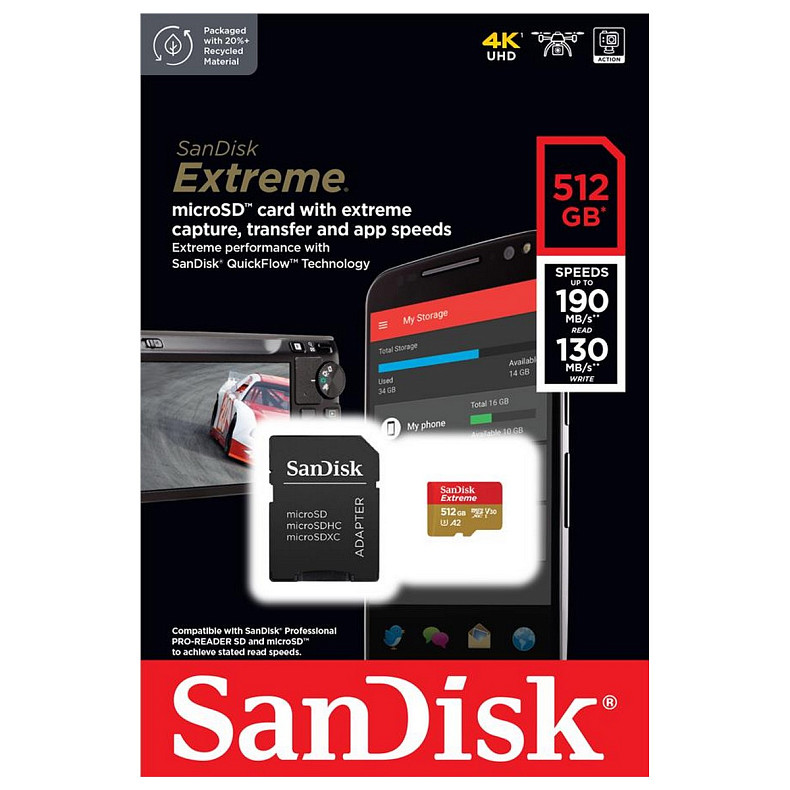 Карта пам'яті SanDisk microSD 512GB C10 UHS-I U3 Extreme V30 + SD