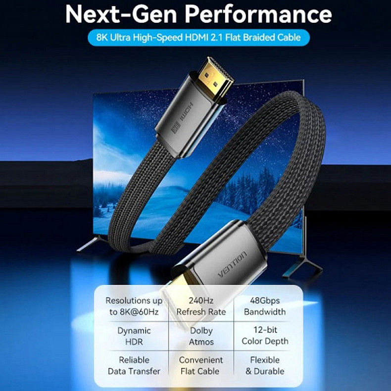 Кабель HDMI M - M, 2.0 м, V2.1, 8K 60Гц, плаский з обплетенням, Vention