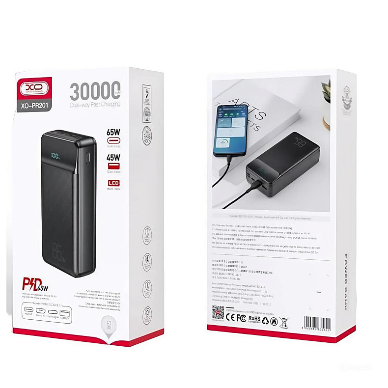 Універсальна мобільна батарея XO PR201 PD 65W QC 3.0 30000mAh Black