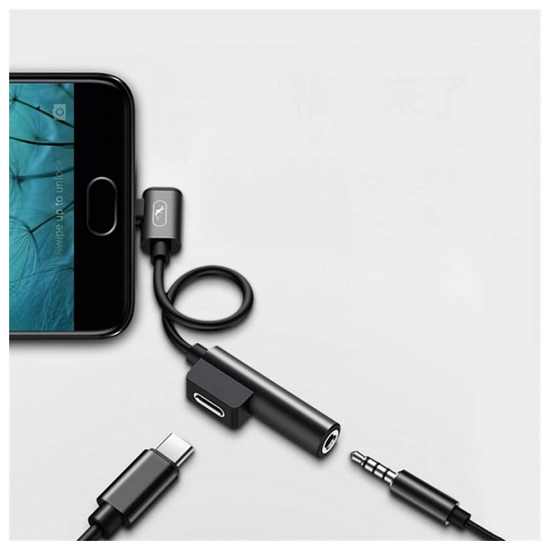 Переходник SkyDolphin AU03 USB Type-C - USB Type-C+3.5 мм (M/F), Black (ADPT-00027)