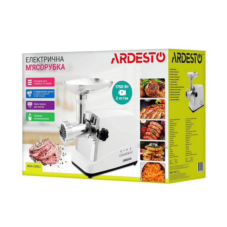 М'ясорубка Ardesto, 2300Вт, продук.-2.1кг/хв, 3 решітки + для ковб., кеббе, 4 терки,насадка для тома