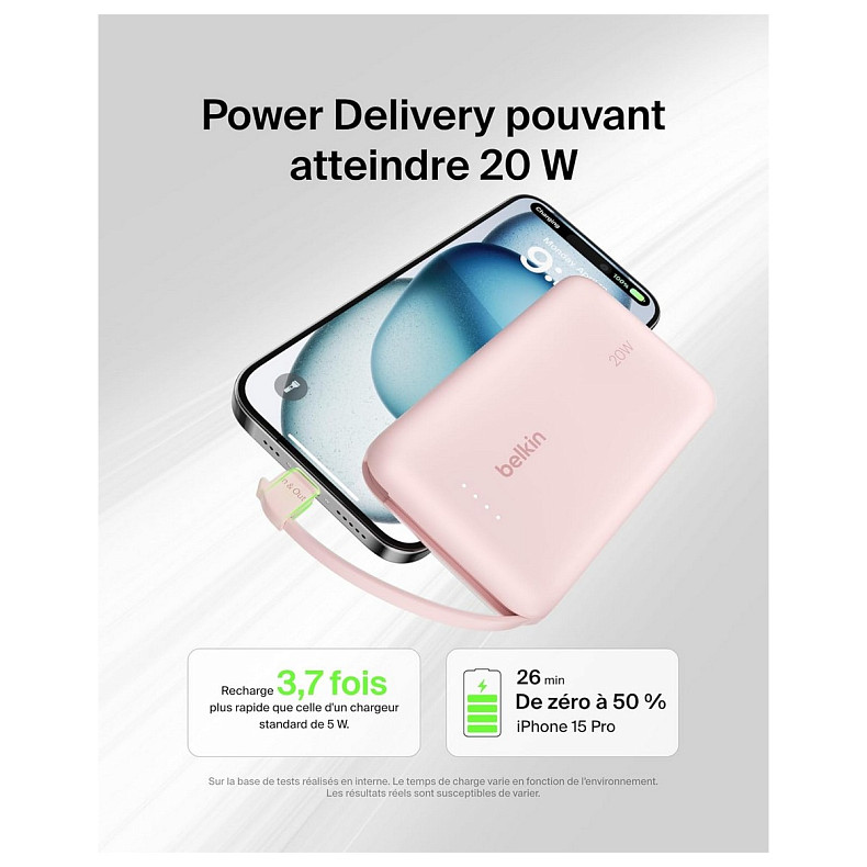 Аккумулятор портативный литий-ионный Power Bank Belkin 10000мА·ч, 20Вт, с интегрированным кабелем USB-
