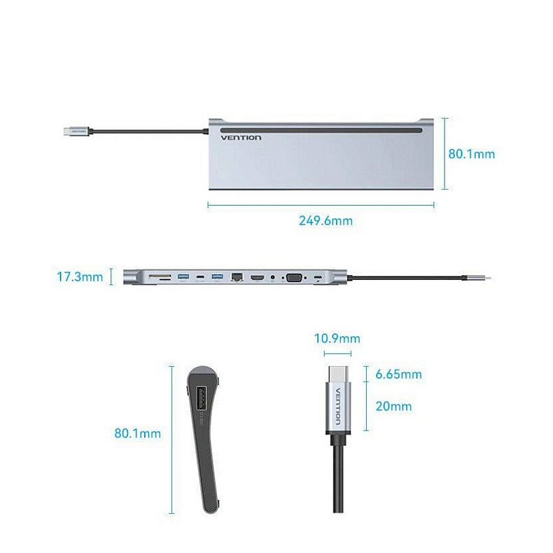 Док-станция USB3.1 Type-C --> HDMI/VGA/USB3.0x3/RJ45/SD/TF/TRRS 3.5mm/PD 100W Vention 11in1