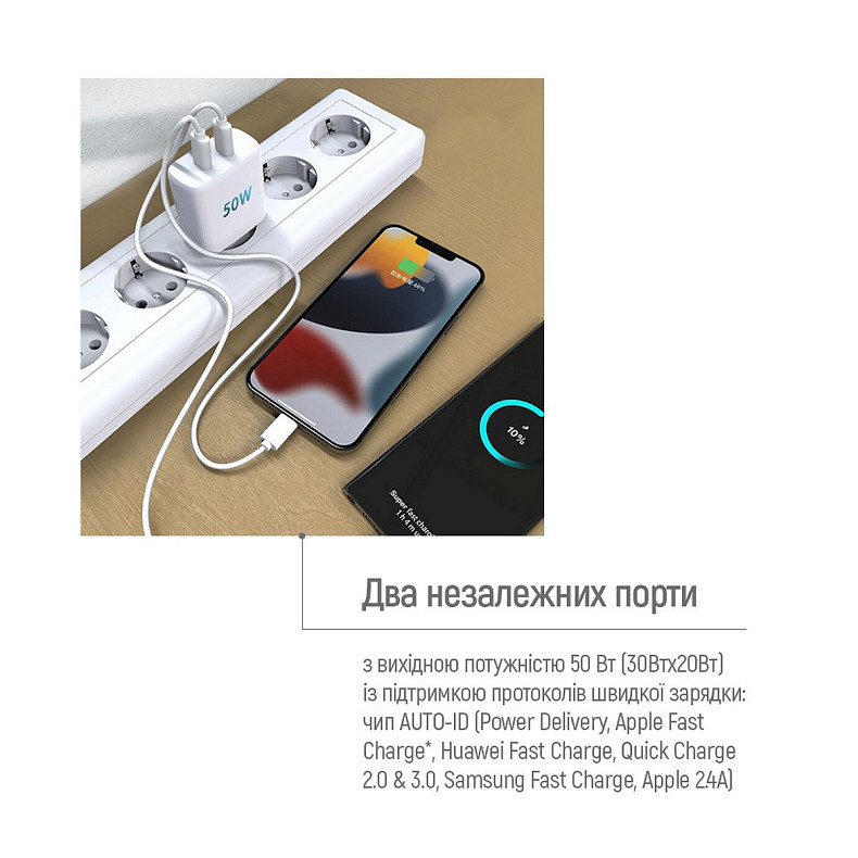 Зарядний пристрій ColorWay GaN Mini 50W PD Port PPS USB (Type-C PD 30W + Type-C PD 20W) Wh