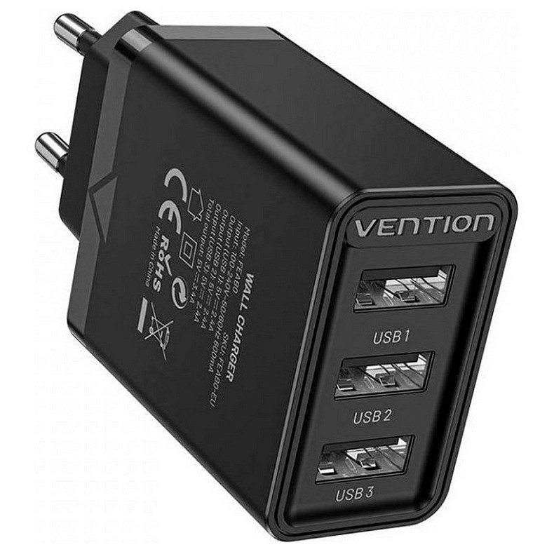 Зарядное устройство 3xUSB A 12W Black Vention