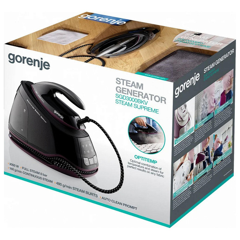 Праска-парогенератор Gorenje, 3000Вт, 1500мл, паровий удар -160гр, дисплей, керам. підошва, чорний
