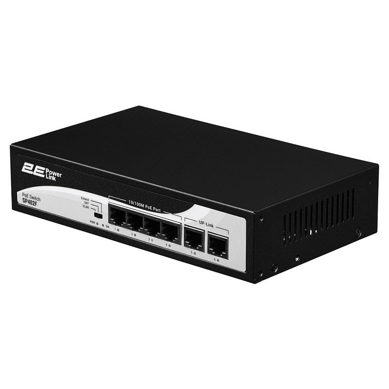 Комутатор 2E PowerLink SP402F 6xFE (4xPoE, 2xUplink), 55Вт, Некерований