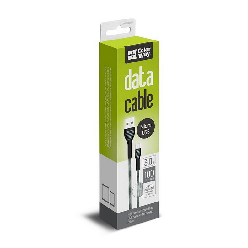 Кабель ColorWay USB-MicroUSB, braided cloth, 3А, 1м, Gray (CW-CBUM041-GR)