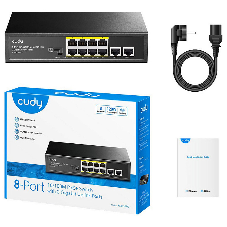 Коммутатор Cudy FS1010PG, 8 портовый 10/100M PoE+ Switch with 2 Gigabit Uplink Ports 120W