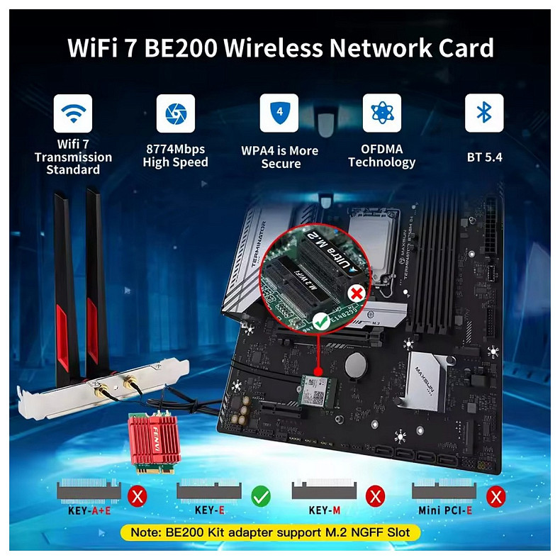 Беспроводной адаптер Fenvi FV-BE200NG Wi-Fi 7, Bluetooth 5.4 Tri-band 2.4G/5G/6GHz