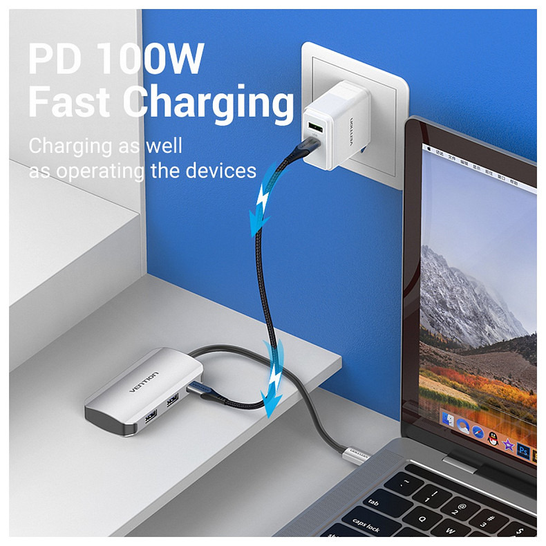 Хаб USB 3.1 Type-C -> 4хUSB 3.0/PD 100W 5-in-1 Vention