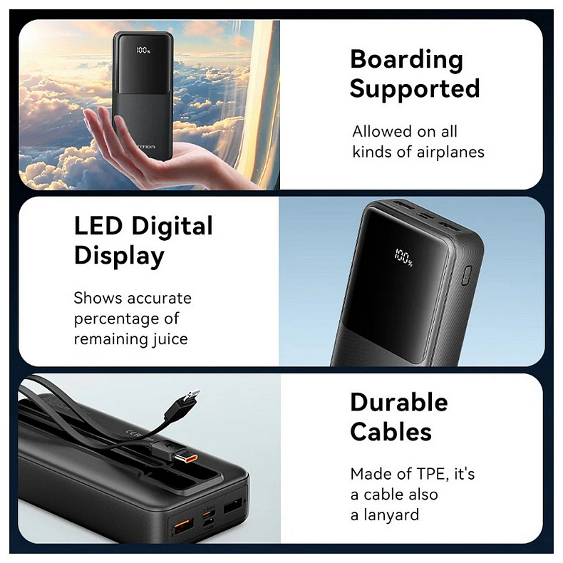 УМБ Vention 20000mAh 22.5W 3A PD, Micro-USB,USB-C,2xUSB-A,Built-in USB-C+Lightning Cables Black