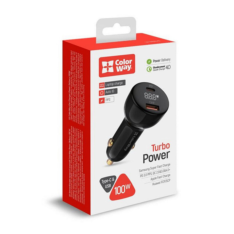 Автомобильное зарядное устройство ColorWay Power Delivery Port PPS USB (USB-A + USB-C, 100W) PD, QC