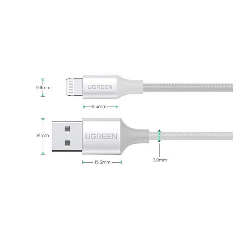 Кабель USB 2.0 AM-Lightning M, 2 м, 2.4A, Серебряный, US199 UGREEN