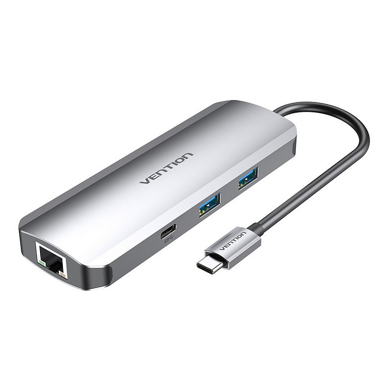 Док-станція USB3.1 Type-C --> HDMI/USB 3.0x2/RJ45/USB-C/SD/TF/TRRS 3.5mm/PD 100W Hub 9-in-1 Vention