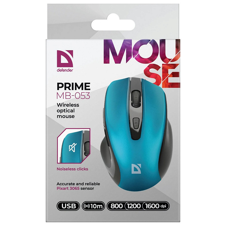 Мышь DEFENDER (52054) Prime MB-053, 6D, 800-1600dpi, TURQUOISE, wireless, silent