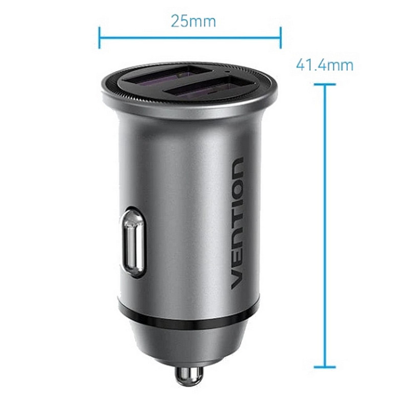 Автозарядка 2USB-A 30W QC3.0 Gray Mini Style Aluminium Alloy Type Vention