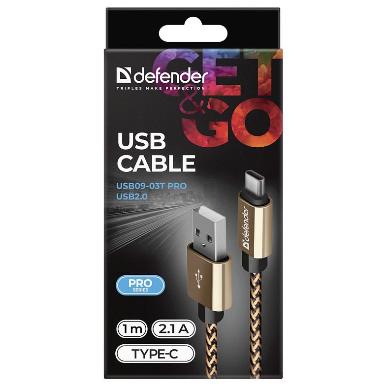 Кабель USB AM-Type-C M, 1.0 м, золотистий, 09-03T PRO Defender