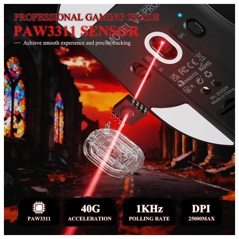 Мышка Attack Shark V3Pro Ultra-Light, Wireless/Bluetooth, 25000dpi. (PAW3311), 6кн., Black