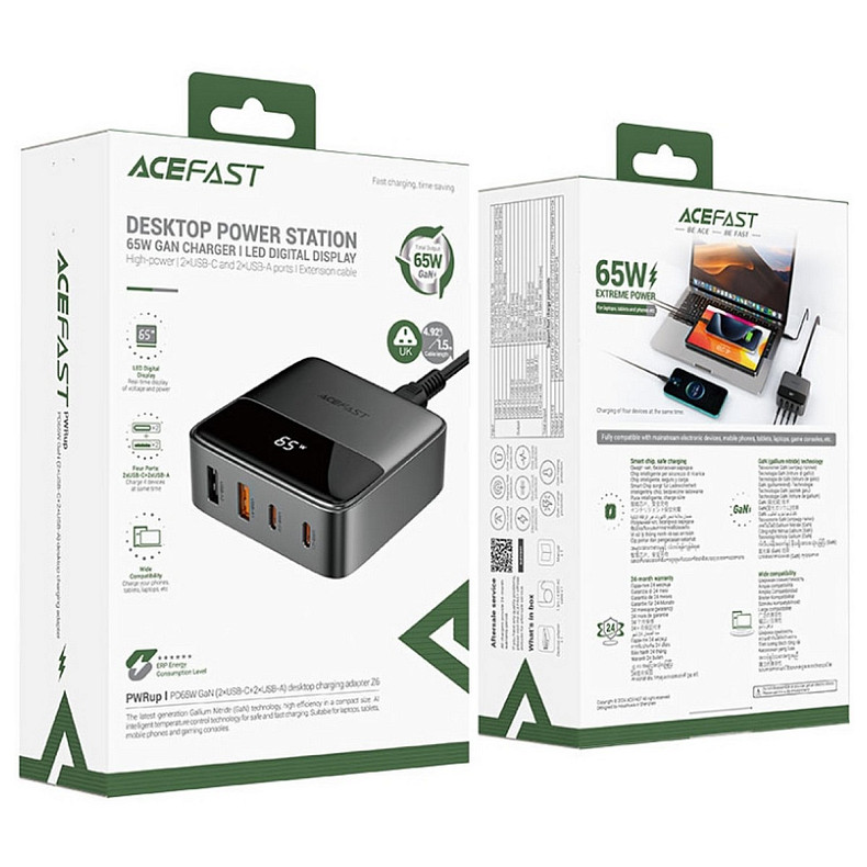 Зарядний пристрій 4xUSB 65W (2xUSB-C + 2xUSB-A) Gan Z6 Fast Charger Acefast
