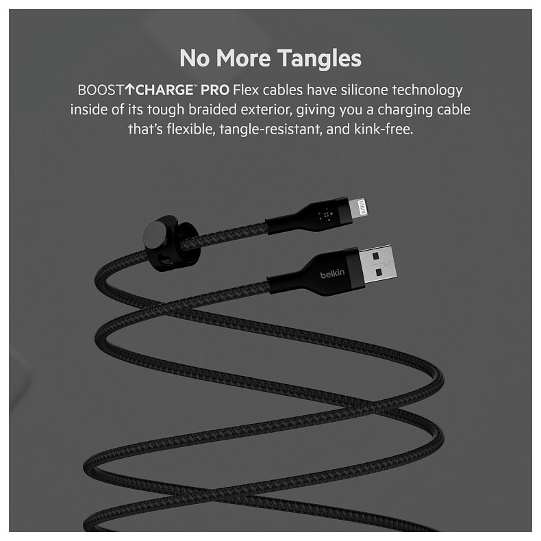 Кабель Belkin USB-A - Lightning плетений, силіконовий, з ремінцем на магніті, 1м, Black