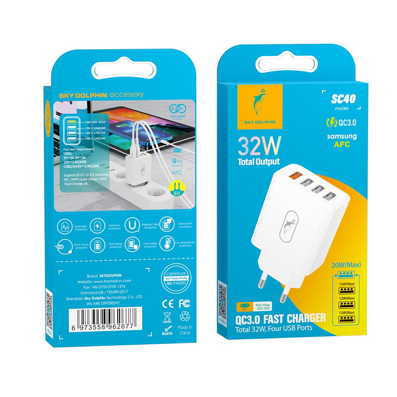 Сетевое зарядное устройство SkyDolphin SC40 (4USBx2.4A) White (MZP-000186)