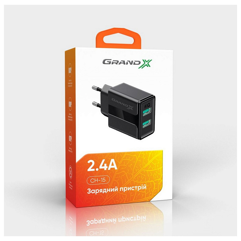 Сетевое зарядное устройство Grand-X CH-15B (2xUSB 2.4A) Black