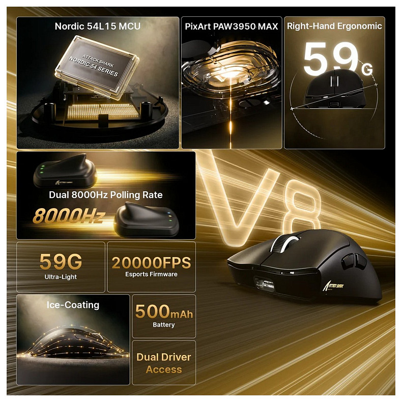 Мышка Attack Shark V8 Ultra-Light, Wireless/Bluetooth, 42000dpi. (PAW3950MAX), 6кн., Black